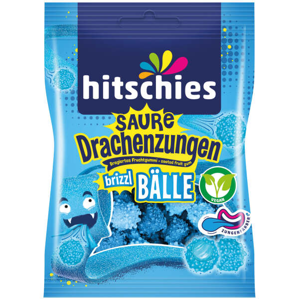 Hitschies - Saure Drachenzungen Brizzl Bälle - Blau - 100g - 12er Pack mhd 12/27